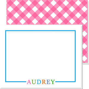 GIRLS PINK GINGHAM PERSONALIZED NOTECARD